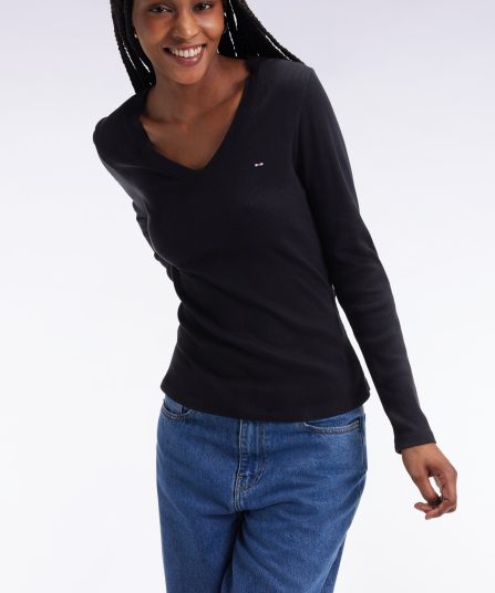 T-shirt à manches longues en coton Pima côtelé noir coupe slim