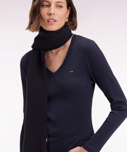 T-shirt à manches longues en coton Pima côtelé marine coupe slim