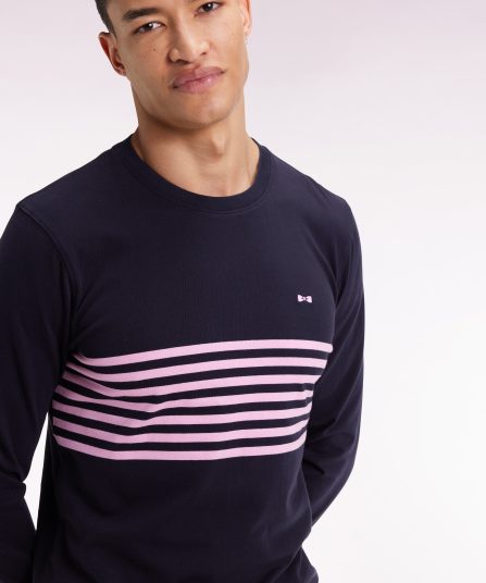 T-shirt à manches longues en coton marine à rayures roses
