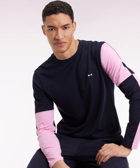 T-shirt à manches longues en coton marine colorblock rose