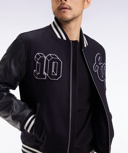 Blouson teddy bimatière manches cuir marine