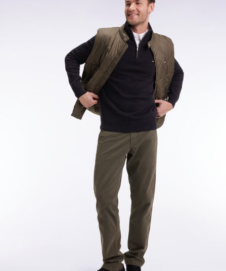 Doudoune sans manches col motard en nylon matelassé kaki