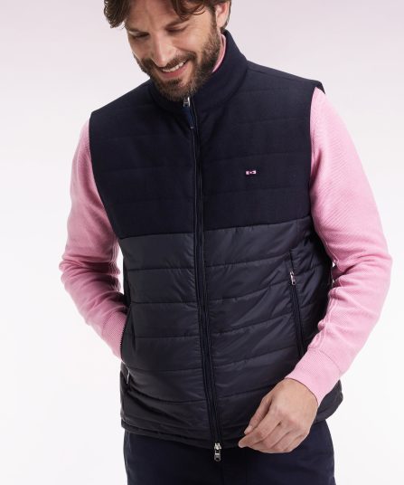 Doudoune sans manches bimatière en nylon et flanelle marine