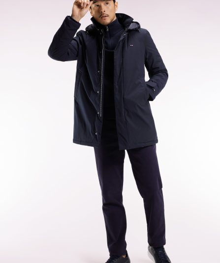 Imperméable long en nylon marine à capuche amovible