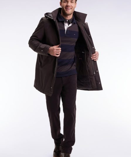 Imperméable long en nylon marron à capuche amovible