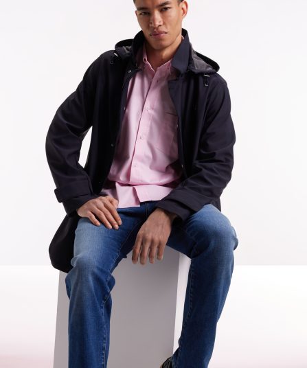 Imperméable long en jersey double face marine à capuche amovible