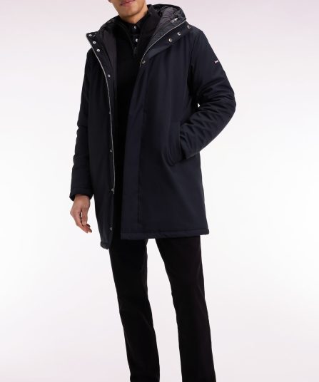 Parka longue 2-en-1 en nylon noir à capuche intégrée