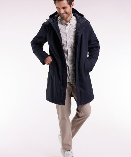 Parka longue en nylon marine à capuche intégrée