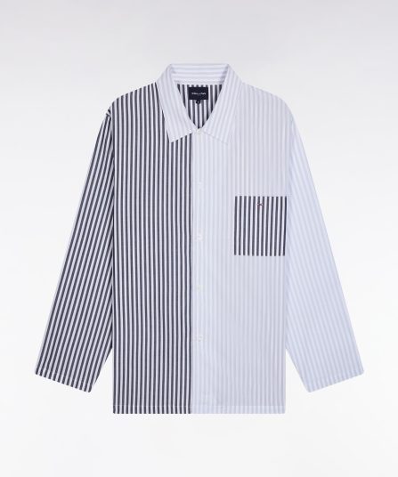 Pyjama long rayé en popeline de coton bleu ciel