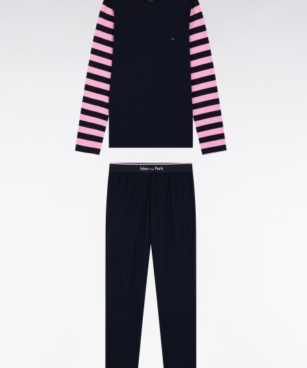 Pyjama long en jersey de coton marine à manches rayées