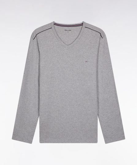 Pyjama long en jersey de coton uni noir et gris passepoils noirs