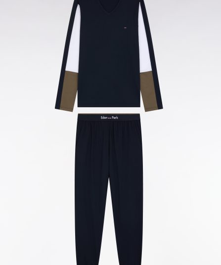 Pyjama long en jersey de coton colorblock kaki