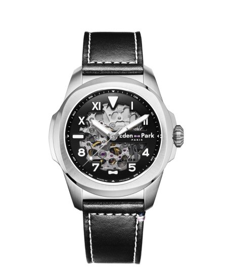 Montre automatique skeleton en cuir noir
