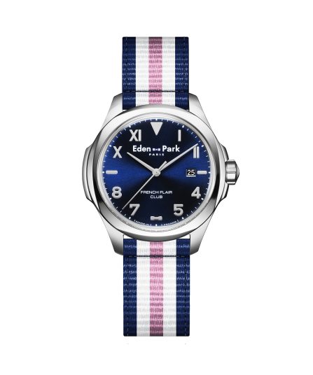 Montre à quartz fond bleu bracelet NATO tricolore