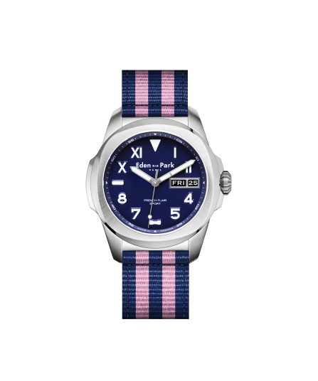 Montre à quartz indicateur date fond bleu bracelet NATO rayé