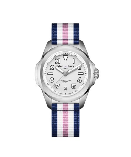 Montre à quartz fond blanc bracelet NATO rayé