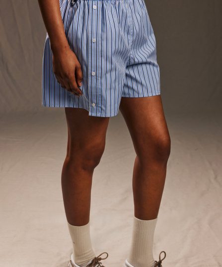 Short upcyclé en coton rayé ciel et blanc Pap'Atelier