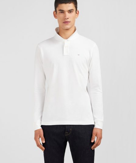 Polo manches longues blanc uni en piqué de coton stretch