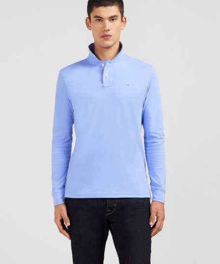 Polo manches longues bleu uni en piqué de coton stretch