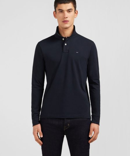 Polo manches longues noir uni en piqué de coton stretch