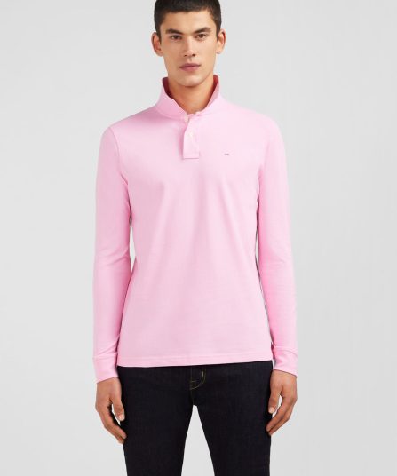Polo manches longues rose uni en piqué de coton stretch