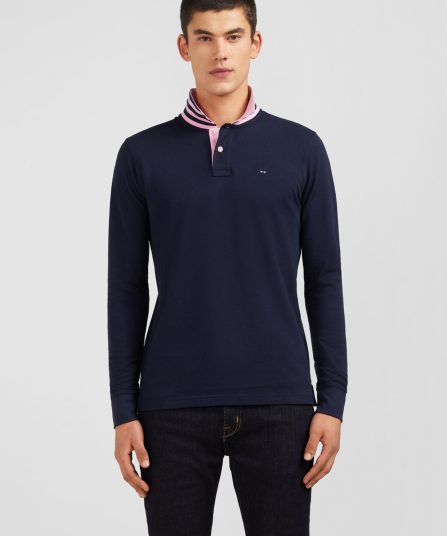 Polo manches longues bleu marine en coton avec col contrasté