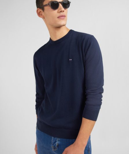 Pull bleu marine à col rond en coton