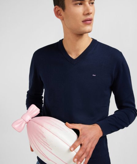 Pull bleu marine à col V en coton