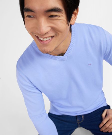 Pull bleu à col V en coton