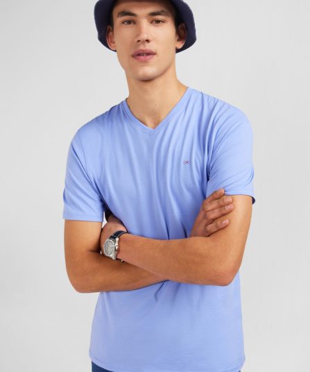 T-shirt bleu col V à manches courtes