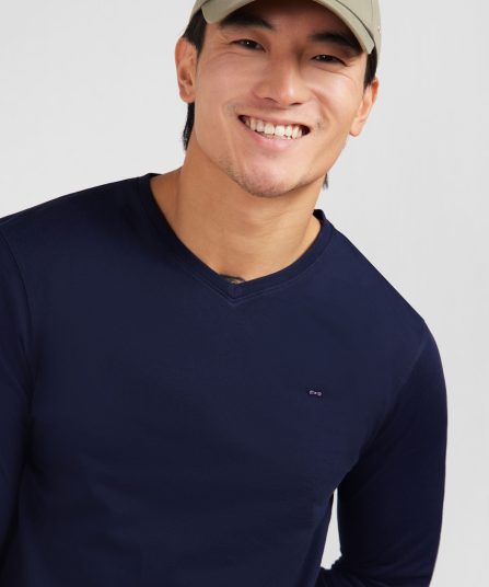 T-shirt bleu marine col V à manches longues