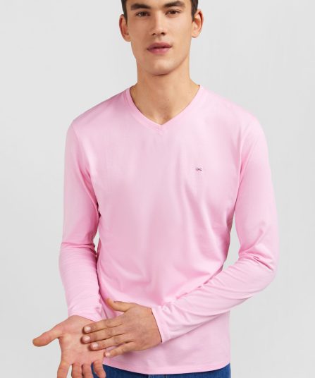 T-shirt rose col V à manches longues