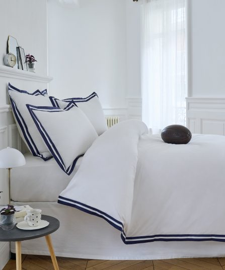 Housse de couette en percale de coton blanche à bordure marine